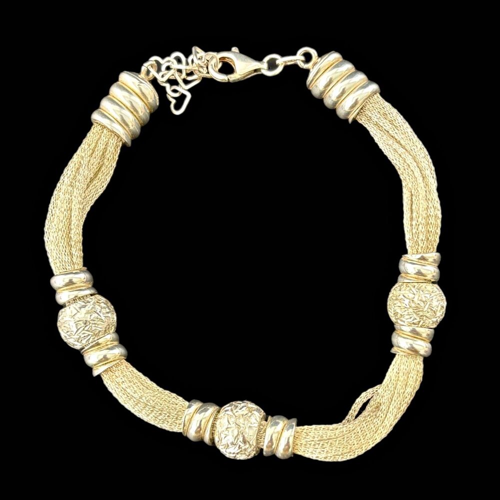 Old Money Sterling Silver 925 Mesh Engraved Bead Bracelet Minimalist Vintage